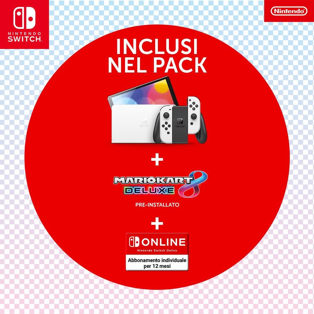 NINTENDO Switch OLED Bianca+Mario Kart 8 Deluxe+12 Mesi NSO