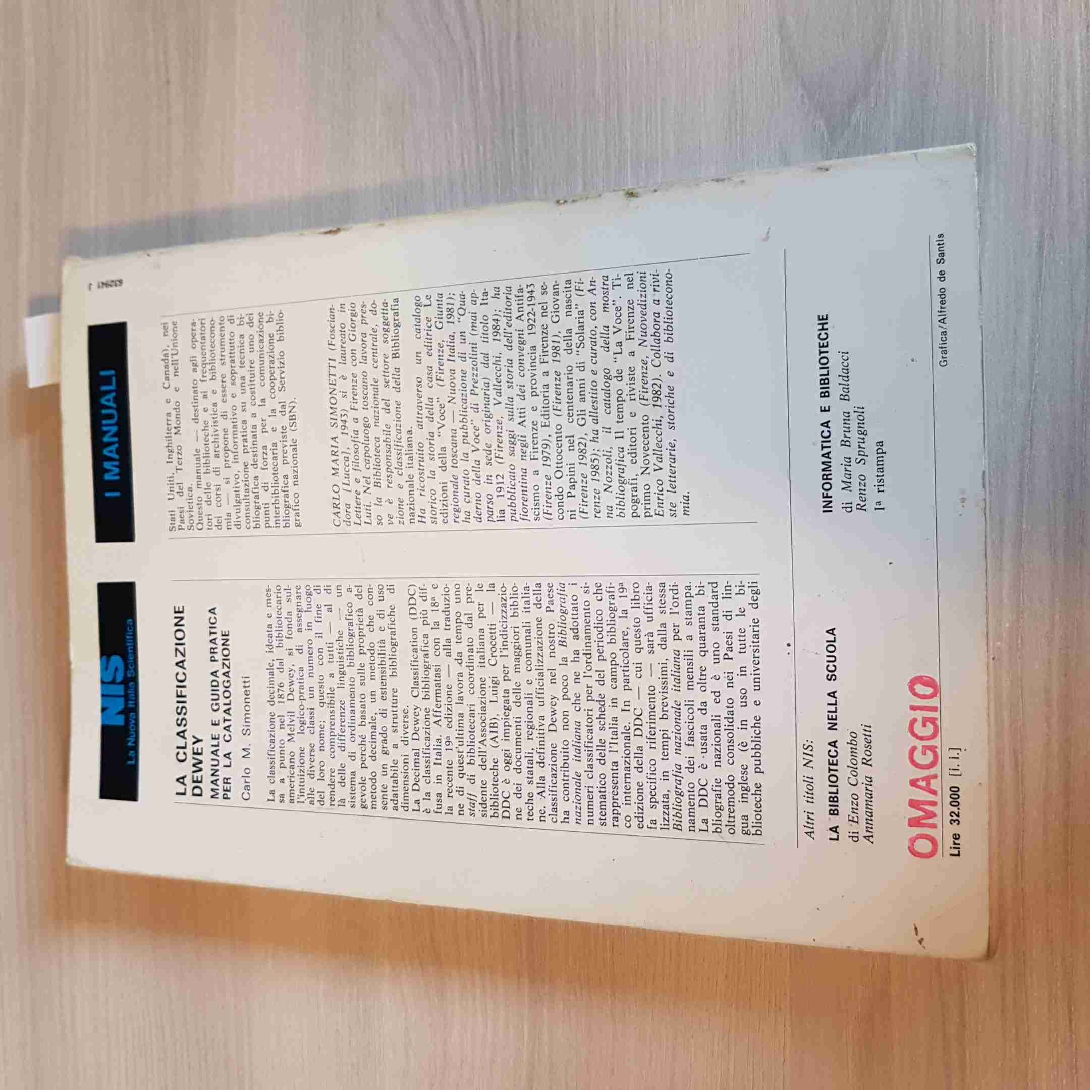 LA CLASSIFICAZIONE DEWEY manuale e guida pratica catalogazione NIS - SIMONETTI