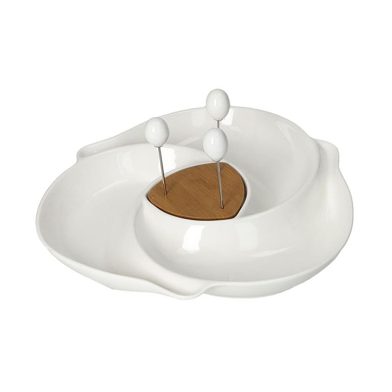  Antipastiera vortice porcellana e bamboo con 3 forchettine inox Brandani