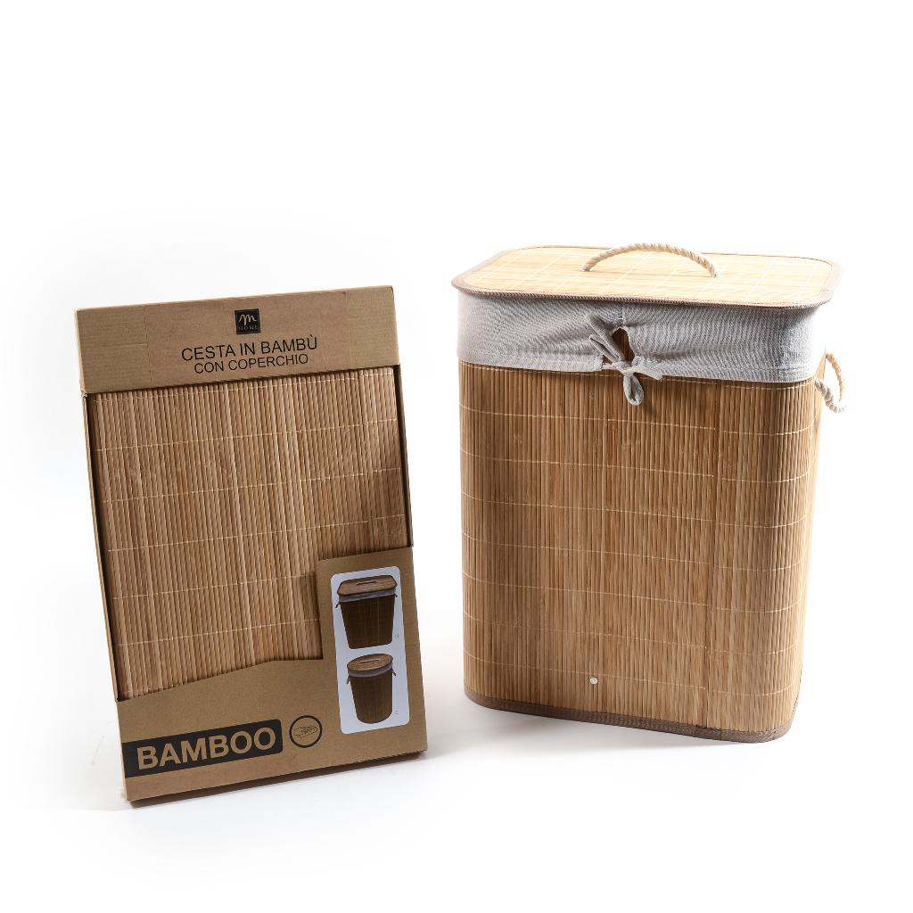Cesta lavanderia rettangolare  con sacca in tessuto e coperchio  in bamboo  40x30xh.50 cm  in scatola avana<br />