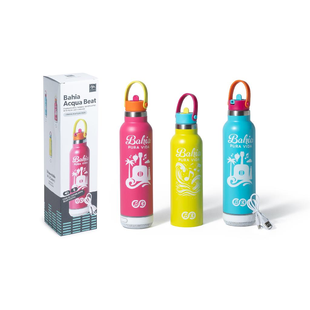 Borraccia termica  in acciao inox 500ml con autoparlante bluetooth d.7.5xh.27 cm colori assortiti  in scatola regalo<br />