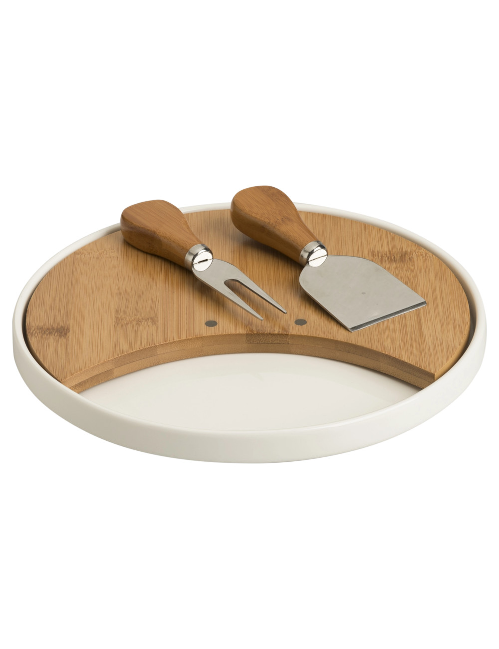 Tagliere formaggi in porcellana e bamboo con 2 coltelli in acciaio inox