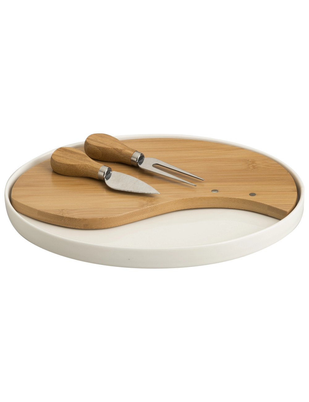 Tagliere formaggio in porcellana e bamboo con 2 coltelli formaggio in acciaio inox Brandani
